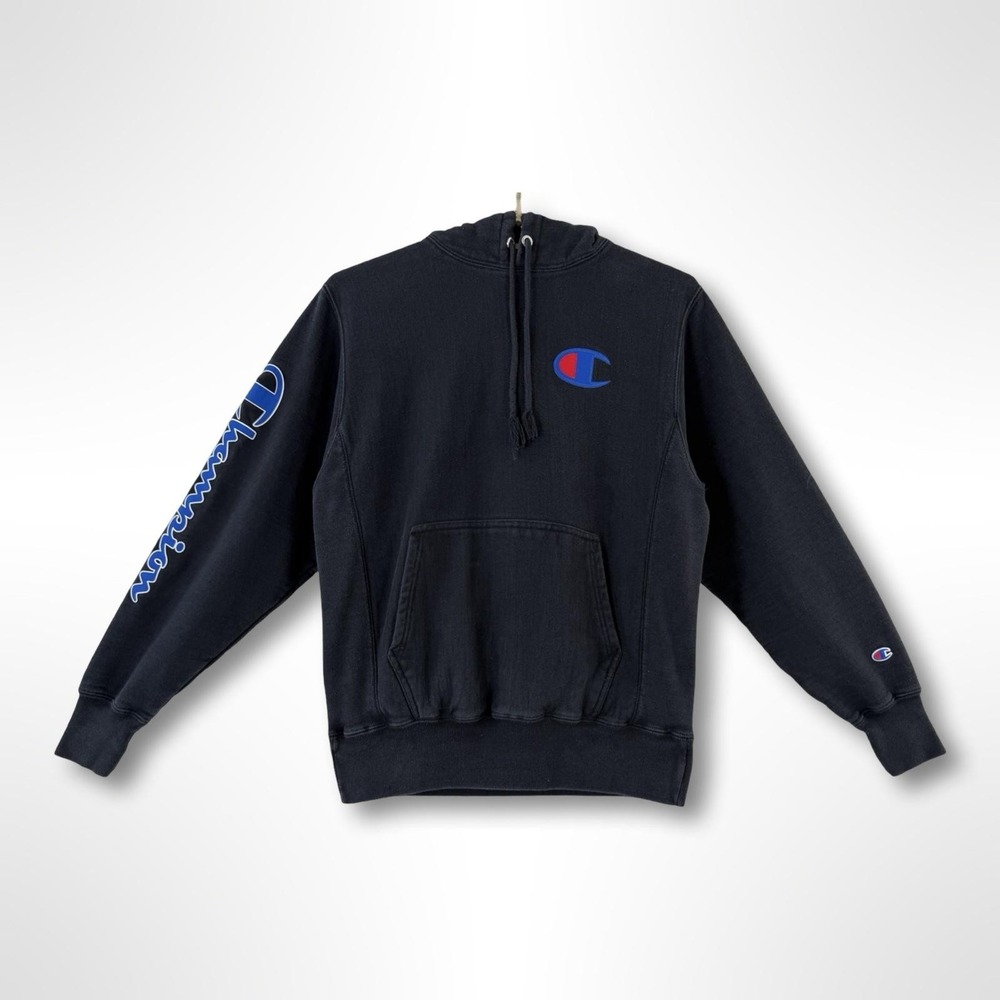 Champion Reverse Weave Hoodie Men's S Black Graphic Sleeve Heavyweight
